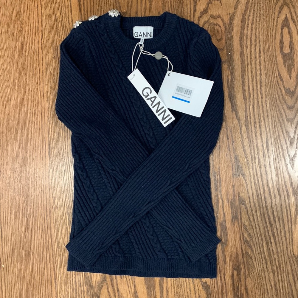 BNWT Ganni blue cable knit sweater with sparkle broach statement shoulder